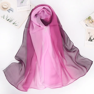 Lightweight summer georgette scarf with pink to purple rainbow gradient silk texture