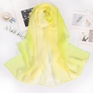 Close-up of yellow-green gradient silk scarf with fine stitching and soft breathable fabric