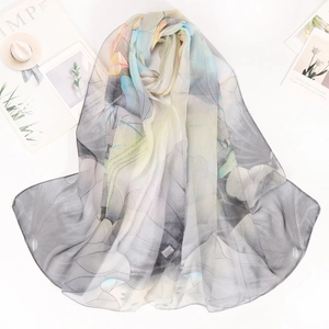 Macro detail of breathable lotus print scarf with lightweight silk-like polyester texture