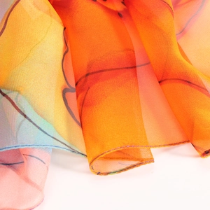Elegant floral chiffon scarf with breathable gradient orange fabric for sun protection