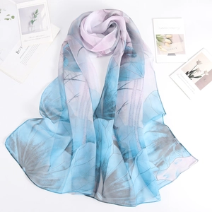 Lightweight gradient lotus print silk scarf in blue and purple for summer sun protection