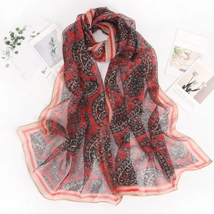 Lightweight red and black paisley georgette scarf with elegant vintage geometric borders