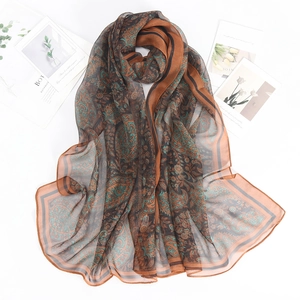 Vintage paisley print georgette silk scarf for women in brown and teal long shawl style