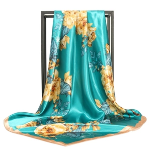 90cm Seidenschal mit goldenen Rosen auf blaugrünem Grund für Damen Reise-Sonnenschutz