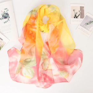 Breathable floral chiffon silk scarf with yellow and orange gradient roses for women