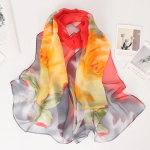 Lightweight rose print floral silk scarf for women in red and yellow gradient chiffon