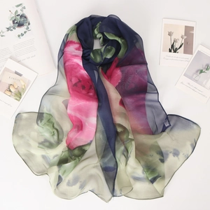 Macro detail of breathable rose print chiffon scarf with elegant floral pattern