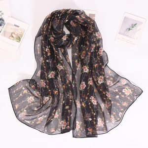 Floral print black chiffon scarf for women long breathable sunscreen shawl with small flowers