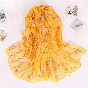 Elegant yellow floral chiffon scarf for women, lightweight and breathable long shawl wrap