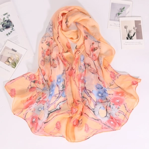Lightweight georgette silk scarf with orange floral pattern on clean white background