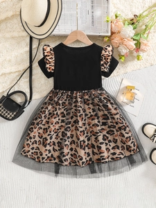 Girls' short sleeve dress with leopard print mesh skirt and elegant ruffles