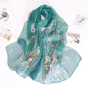 Elegant lake green georgette long scarf with vintage ink floral print and soft texture