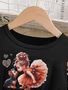 Girls black cotton knit dress with leopard print mesh skirt and cute dog graphic