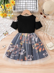 Girls summer off-shoulder princess dress with black top and butterfly print mesh skirt