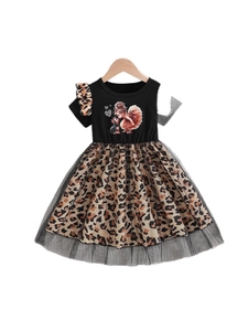 Girls summer dress with black cartoon top and leopard print mesh tutu skirt