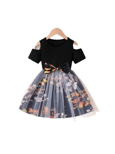Girls' short sleeve dress with black off-shoulder top and butterfly print tulle skirt