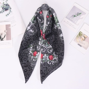 Carré en coton et lin au motif vintage de paisley et roses rouges élégantes