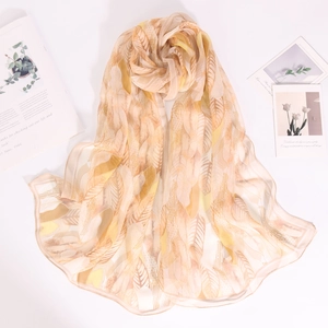 Detail of translucent feather print scarf with delicate rolled edges and soft texture