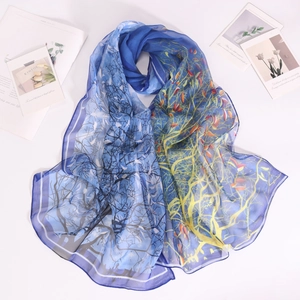 Detail of artistic tree print on lightweight semi-transparent chiffon shawl wrap scarf