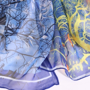 Elegant floral georgette silk scarf with blue and yellow artistic print patterns