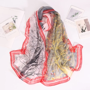 Lightweight dual-tone forest print georgette scarf with elegant red border trim