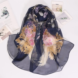 Detail of navy blue sun protection scarf with pink floral and golden phoenix prints