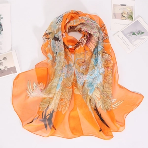 Breathable orange chiffon scarf with bird and floral print for summer sun protection