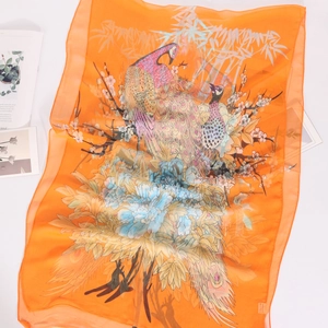 Orange summer georgette scarf with vibrant peacock and peony floral print patterns