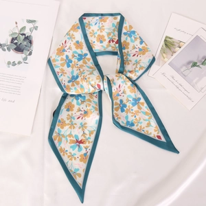 Floral satin twilly scarf with blue trim and yellow flowers for neck or handbag handle