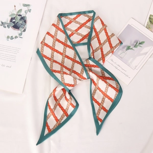 Plaid silk scarf with orange rope pattern and green border for hair and bags