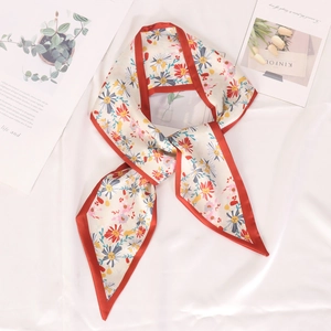 Floral print satin skinny scarf for women with red daisy patterns and silk texture