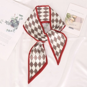 French vintage argyle pattern skinny silk scarf in red white and grey for hair and neck