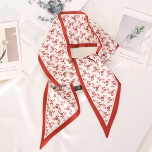 Floral narrow silk scarf twilly with red borders and vintage blue flower patterns