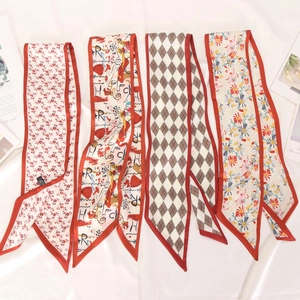 Women Long Narrow Twilly Scarf Polyester Satin Floral Abstract Print Hair Tie Bag Decoration French Style Elegant Headband