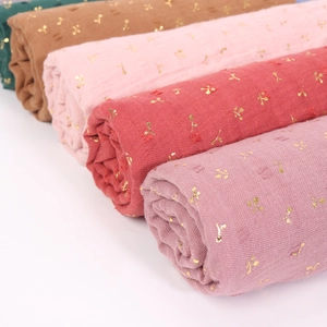 Solid cotton linen scarf for women with gold cherry prints in five assorted colors