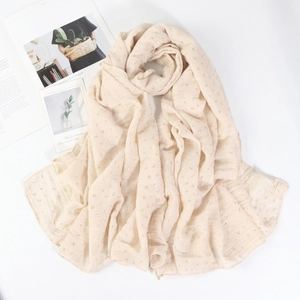 Beige cotton linen hijab scarf with gold foil dots for women, lightweight shawl wrap