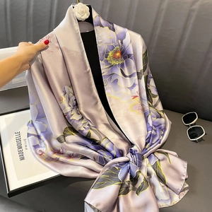 Elegant Floral Print Satin Long Scarf Shawl Lightweight Faux Satin Sunscreen Wrap For Women Vintage Style