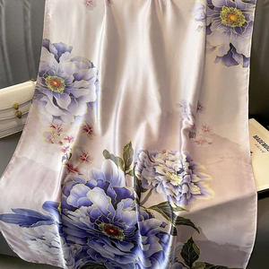 Elegant floral print satin silk scarf with purple peonies and golden edges on champagne base