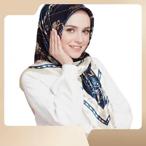 Elegant navy blue and white gradient silk scarf with gold palace floral pattern for women