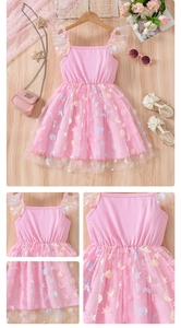 Detail of girl's pink tulle dress featuring glittery stars and moon print on mesh
