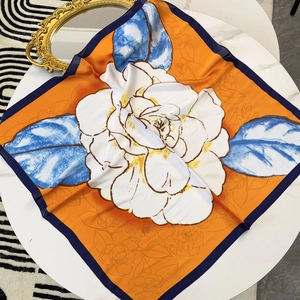 Elegant 70cm orange silk scarf with white camellia flower pattern and blue border