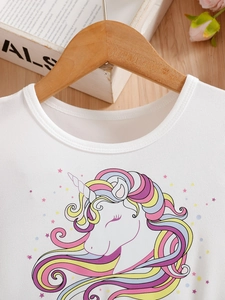 White girls' short sleeve t-shirt featuring colorful unicorn print on soft cotton
