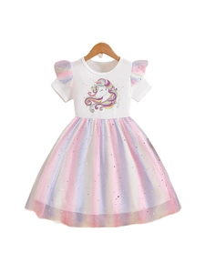 Short sleeve girls princess dress with rainbow tulle skirt and unicorn graphic