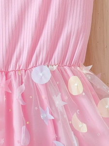 Pink rib knit dress for girls with star and moon tulle skirt detail and pearl accents