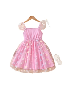 Pink girl's princess dress with star sequin mesh skirt and matching bow sandals