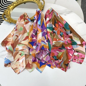 Floral satin silk square scarf 70cm with vibrant abstract print for outdoor fashion wear
