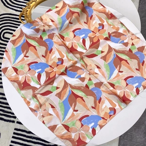 Retro bohemian floral satin square scarf with abstract orange and brown prints, 70cm