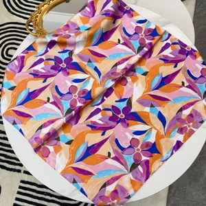 70cm floral satin silk square scarf with colorful abstract pattern for outdoor leisure wear