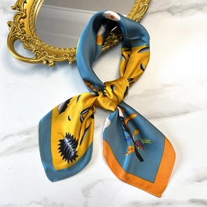 70cm satin square silk scarf with floral print in blue and yellow colors