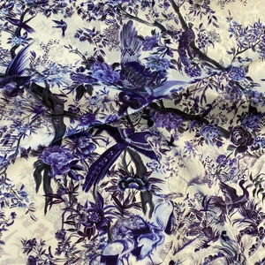 French style 70cm satin square scarf with vintage purple floral and bird print patterns